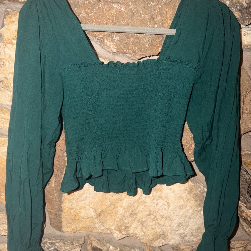bp Teal Green Smocked Square Neck Blouse